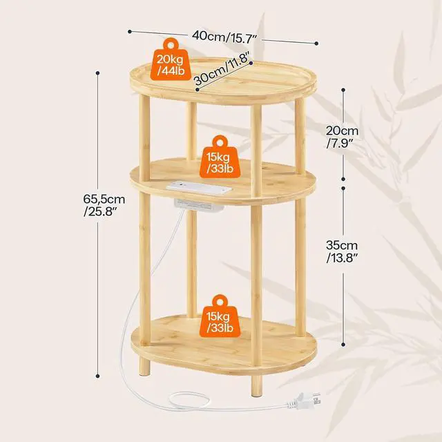 Alt view image 3 of 7 - Small Side Table with Charging Station, Small End Table, 3-Tier Oval Bamboo Accent Table, Compact Sofa Bedside Table, for Living Room, Bedroom, Apartment, Natural YL177UBZ01