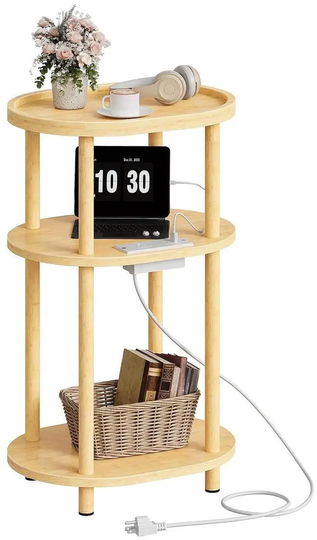 Main image of Small Side Table with Charging Station, Small End Table, 3-Tier Oval Bamboo Accent Table, Compact Sofa Bedside Table, for Living Room, Bedroom, Apartment, Natural YL177UBZ01