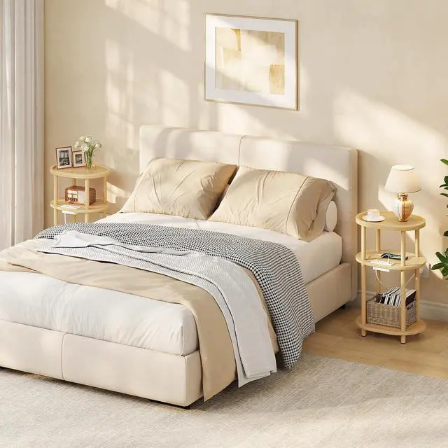 Alt view image 4 of 7 - Small Side Table with Charging Station, Small End Table, 3-Tier Oval Bamboo Accent Table, Compact Sofa Bedside Table, for Living Room, Bedroom, Apartment, Natural YL177UBZ01