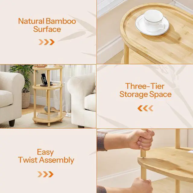 Alt view image 5 of 7 - Small Side Table with Charging Station, Small End Table, 3-Tier Oval Bamboo Accent Table, Compact Sofa Bedside Table, for Living Room, Bedroom, Apartment, Natural YL177UBZ01