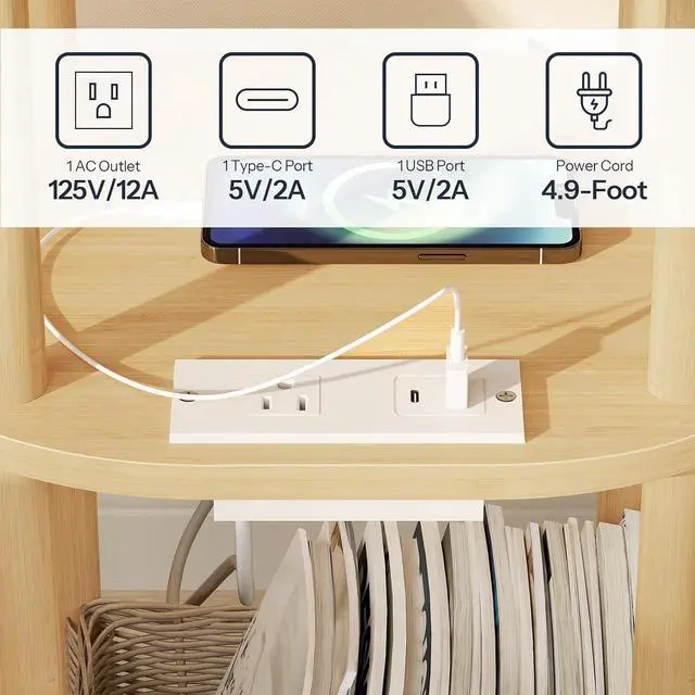 Alt view image 6 of 7 - Small Side Table with Charging Station, Small End Table, 3-Tier Oval Bamboo Accent Table, Compact Sofa Bedside Table, for Living Room, Bedroom, Apartment, Natural YL177UBZ01