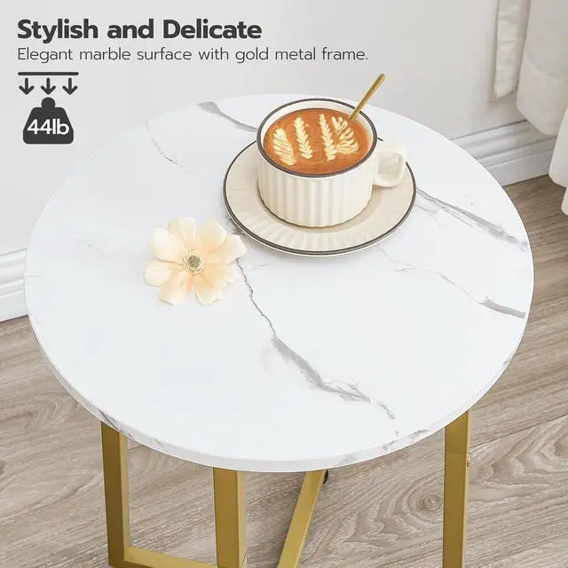 Alt view image 6 of 7 - Side Table, Round End Accent Table with Sturdy Metal Pedestal, 15.7" Round Nightstand, for Living Room, Bedroom, Balcony, Office, Marble and Gold DM95BZ01