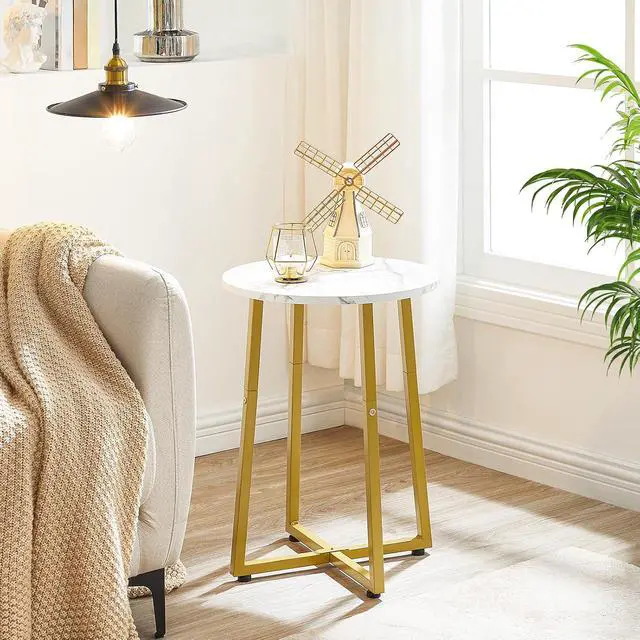 Alt view image 4 of 7 - Side Table, Round End Accent Table with Sturdy Metal Pedestal, 15.7" Round Nightstand, for Living Room, Bedroom, Balcony, Office, Marble and Gold DM95BZ01