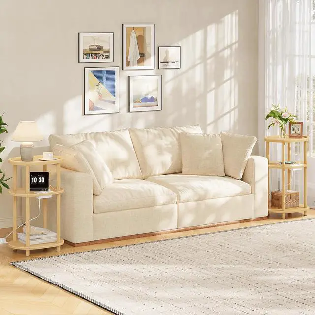 Alt view image 7 of 7 - Small Side Table with Charging Station, Small End Table, 3-Tier Oval Bamboo Accent Table, Compact Sofa Bedside Table, for Living Room, Bedroom, Apartment, Natural YL177UBZ01