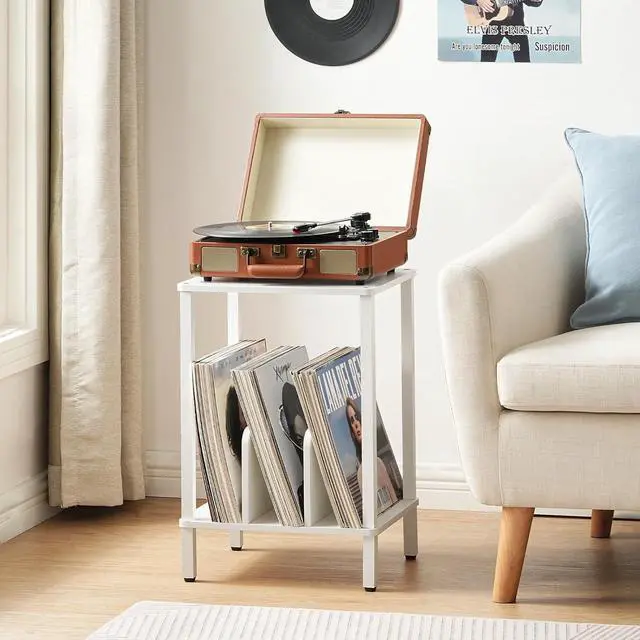 Alt view image 5 of 7 - Small End Table, 2-Tier Record Player Stand Vinyl Record Turntable Stand with Storage up to 100 Albums, Small Side Table for Living Room, Bedroom White, WT05RS01