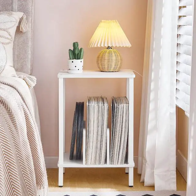 Alt view image 7 of 7 - Small End Table, 2-Tier Record Player Stand Vinyl Record Turntable Stand with Storage up to 100 Albums, Small Side Table for Living Room, Bedroom White, WT05RS01