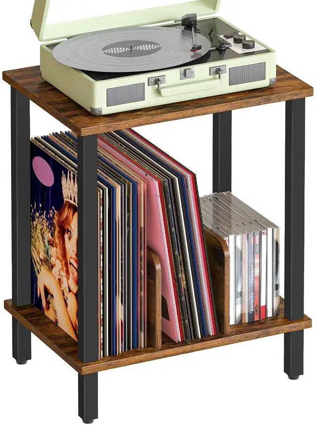 Main image of Small End Table, 2-Tier Record Player Stand Vinyl Record Turntable Stand with Storage up to 100 Albums, Small Side Table for Living Room, Bedroom Rustic Brown, FG05RS01