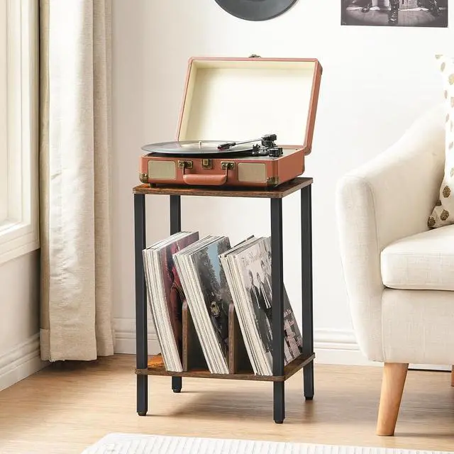 Alt view image 2 of 7 - Small End Table, 2-Tier Record Player Stand Vinyl Record Turntable Stand with Storage up to 100 Albums, Small Side Table for Living Room, Bedroom Rustic Brown, FG05RS01