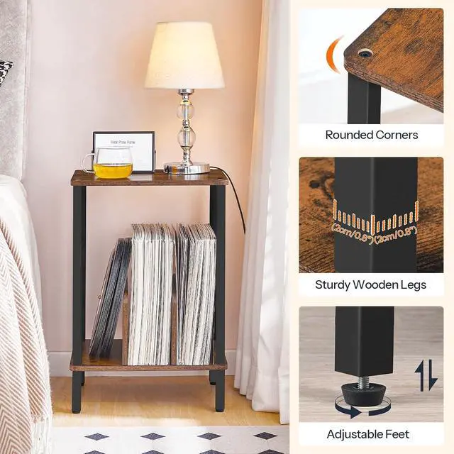 Alt view image 5 of 7 - Small End Table, 2-Tier Record Player Stand Vinyl Record Turntable Stand with Storage up to 100 Albums, Small Side Table for Living Room, Bedroom Rustic Brown, FG05RS01