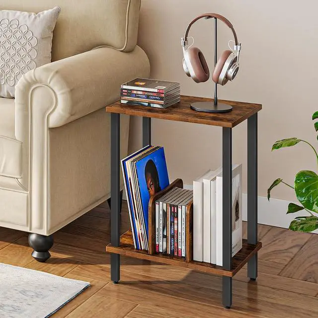 Alt view image 6 of 7 - Small End Table, 2-Tier Record Player Stand Vinyl Record Turntable Stand with Storage up to 100 Albums, Small Side Table for Living Room, Bedroom Rustic Brown, FG05RS01