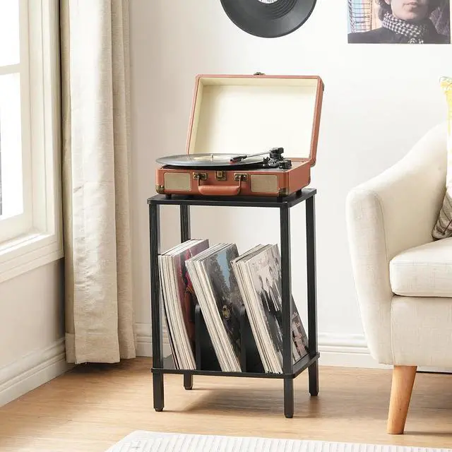 Alt view image 7 of 7 - Small End Table, 2-Tier Record Player Stand Vinyl Record Turntable Stand with Storage up to 100 Albums, Small Side Table for Living Room, Bedroom Black, BK05RS01