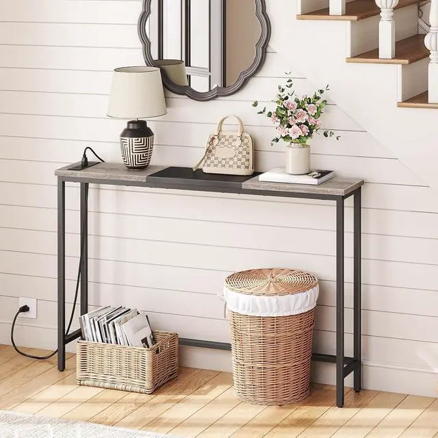 Alt view image 2 of 7 - Narrow Console Table with Power Outlets, 44.9 Inches Sofa Table, Slim Behind Couch Table, Entryway Table with Display Shelf, for Living Room, Foyer, Hallway, Greige and Black BG114UXG01