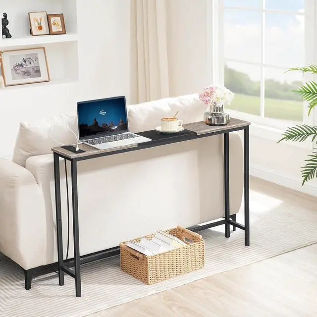 Alt view image 4 of 7 - Narrow Console Table with Power Outlets, 44.9 Inches Sofa Table, Slim Behind Couch Table, Entryway Table with Display Shelf, for Living Room, Foyer, Hallway, Greige and Black BG114UXG01
