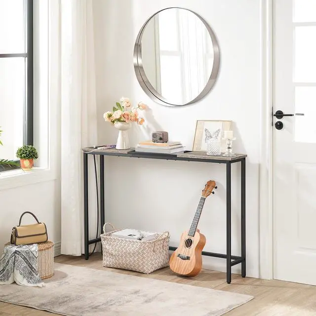 Alt view image 5 of 7 - Narrow Console Table with Power Outlets, 44.9 Inches Sofa Table, Slim Behind Couch Table, Entryway Table with Display Shelf, for Living Room, Foyer, Hallway, Greige and Black BG114UXG01