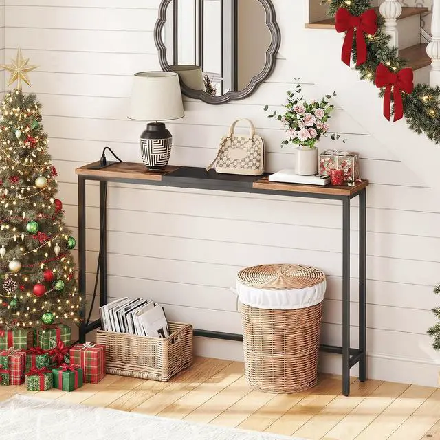 Alt view image 2 of 7 - Narrow Console Table with Power Outlets, 44.9 Inches Sofa Table, Slim Behind Couch Table, Entryway Table with Display Shelf, for Living Room, Foyer, Hallway, Rustic Brown and Black BF114UXG01