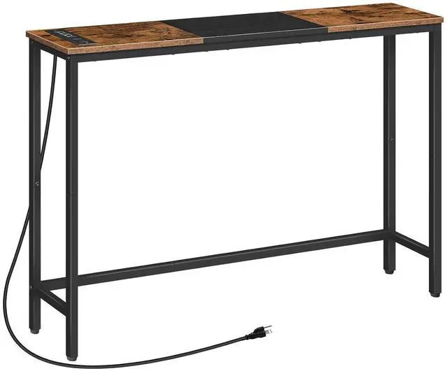 Main image of Narrow Console Table with Power Outlets, 44.9 Inches Sofa Table, Slim Behind Couch Table, Entryway Table with Display Shelf, for Living Room, Foyer, Hallway, Rustic Brown and Black BF114UXG01