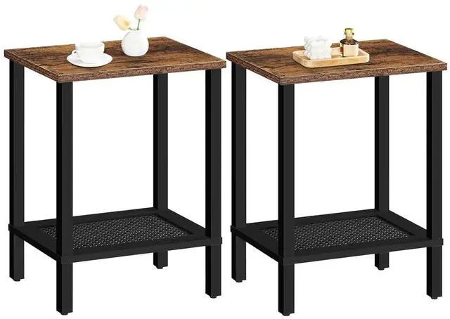 Main image of End Tables Set of 2, Small Side Tables with 2-Tier Storage Shelves, Nightstands with Faux Rattan Decoration, for Small Space, Living Room, Bedroom, Rustic Brown and Black BF91BZP201