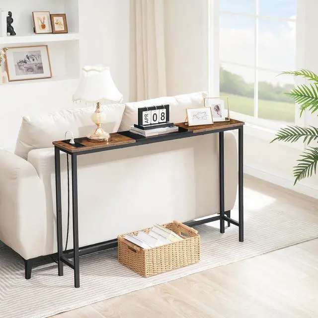 Alt view image 5 of 7 - Narrow Console Table with Power Outlets, 44.9 Inches Sofa Table, Slim Behind Couch Table, Entryway Table with Display Shelf, for Living Room, Foyer, Hallway, Rustic Brown and Black BF114UXG01