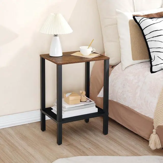 Alt view image 6 of 7 - End Tables Set of 2, Small Side Tables with 2-Tier Storage Shelves, Nightstands with Faux Rattan Decoration, for Small Space, Living Room, Bedroom, Rustic Brown and Black BF91BZP201