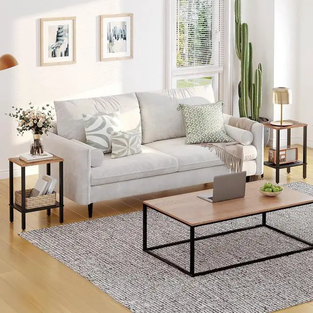 Alt view image 2 of 7 - End Tables Set of 2, Small Side Tables with 2-Tier Storage Shelves, Nightstands with Faux Rattan Decoration, for Small Space, Living Room, Bedroom, Rustic Brown and Black BF91BZP201