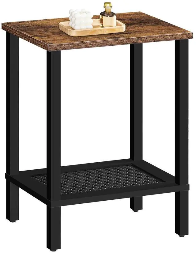 Main image of End Table, Small Side Table with 2-Tier Storage Shelves, Nightstand with Faux Rattan Decoration, for Small Space, Living Room, Bedroom, Rustic Brown and Black BF91BZ01