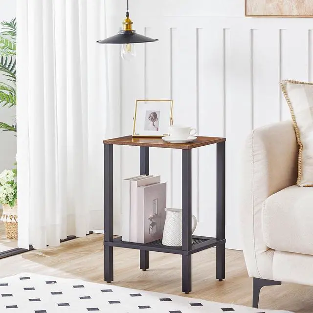 Alt view image 5 of 7 - End Table, Small Side Table with 2-Tier Storage Shelves, Nightstand with Faux Rattan Decoration, for Small Space, Living Room, Bedroom, Rustic Brown and Black BF91BZ01