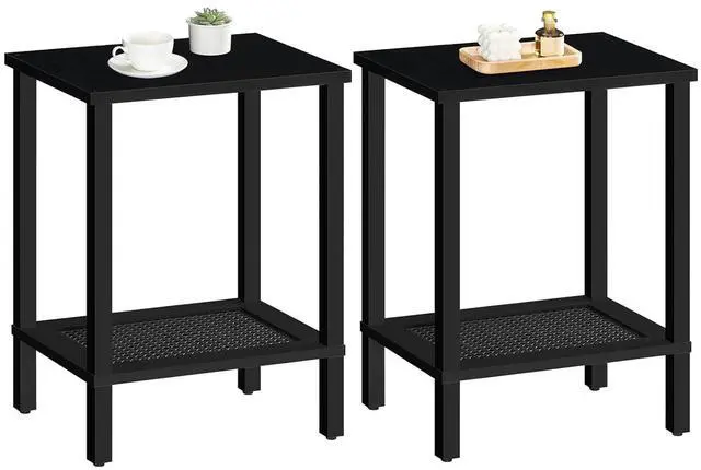 Main image of End Tables Set of 2, Small Side Tables with 2-Tier Storage Shelves, Nightstands with Faux Rattan Decoration, for Small Space, Living Room, Bedroom, Black BK91BZP201
