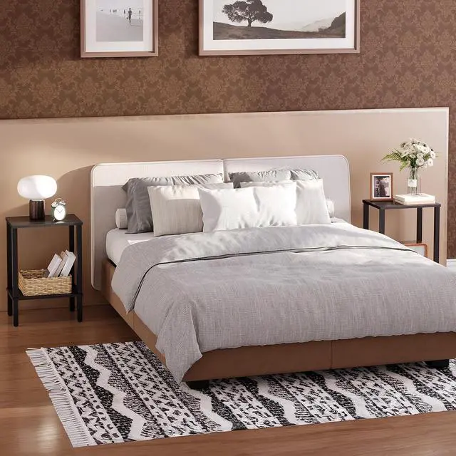 Alt view image 4 of 7 - End Tables Set of 2, Small Side Tables with 2-Tier Storage Shelves, Nightstands with Faux Rattan Decoration, for Small Space, Living Room, Bedroom, Black BK91BZP201