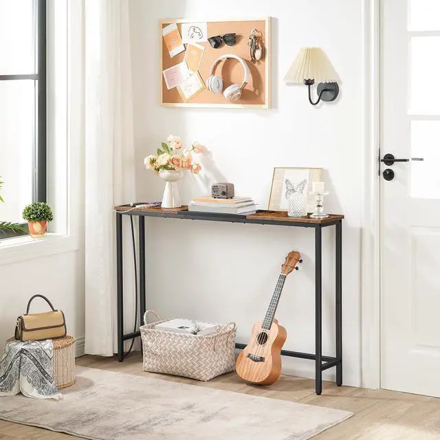 Alt view image 4 of 7 - Narrow Console Table with Power Outlets, 44.9 Inches Sofa Table, Slim Behind Couch Table, Entryway Table with Display Shelf, for Living Room, Foyer, Hallway, Rustic Brown and Black BF114UXG01