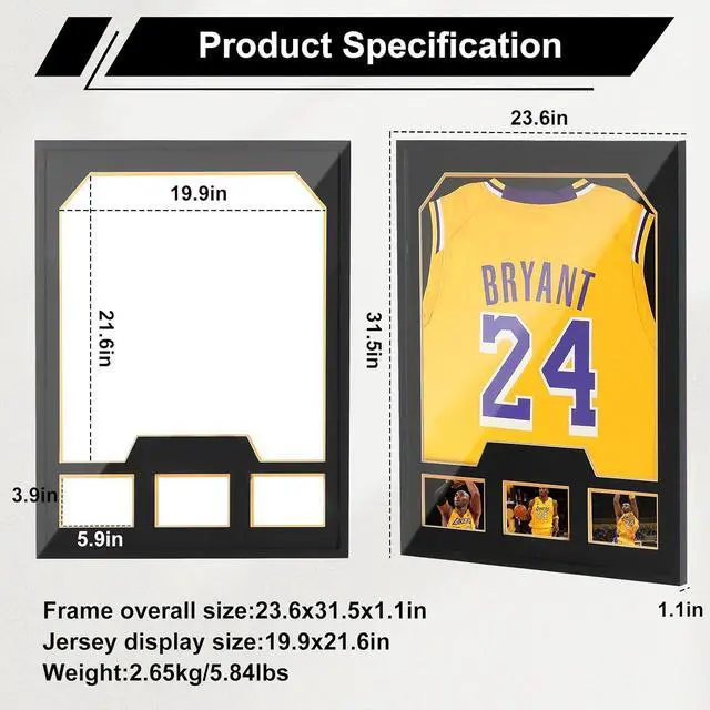 Alt view image 4 of 7 - Jersey Frame Display Cases, Jersey Frame with Picture Slots, Jersey Shadow Box Display Case, 98% UV Protection, Football, Basketball (1 Pack, Black&Gold)