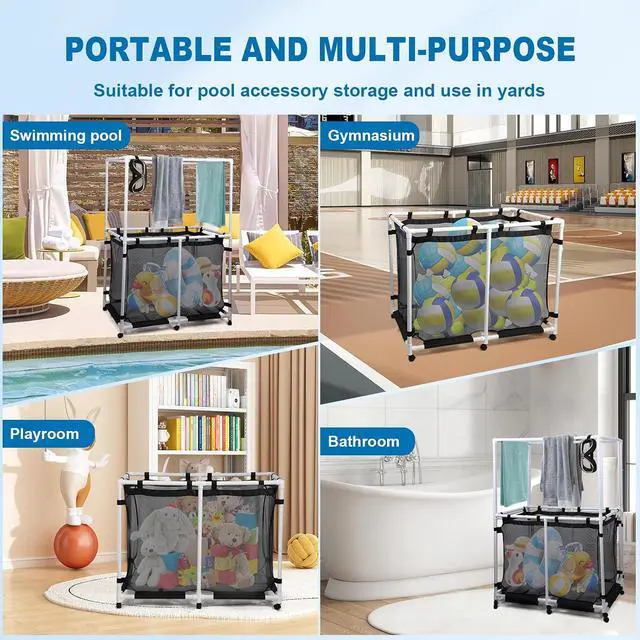 Alt view image 4 of 6 - Pool Storage, Pool Noodles Holder, Pool Caddy Organizer, 142 Gallons 48.4 L Extra Large, Pool Float Storage, Waterproof Pool Storage Bins, Rolling Poolside Mesh Container, Outdoor