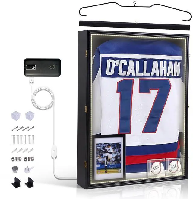 Main image of XL Jersey Frame Display Case with Light, Hockey Jacket Football Jersey T Shirt Display, 28x37 inch Extra Large Deep Jersey Shadow Box, Baseball Case, UV Protection, Acrylic (LED Extra Large)