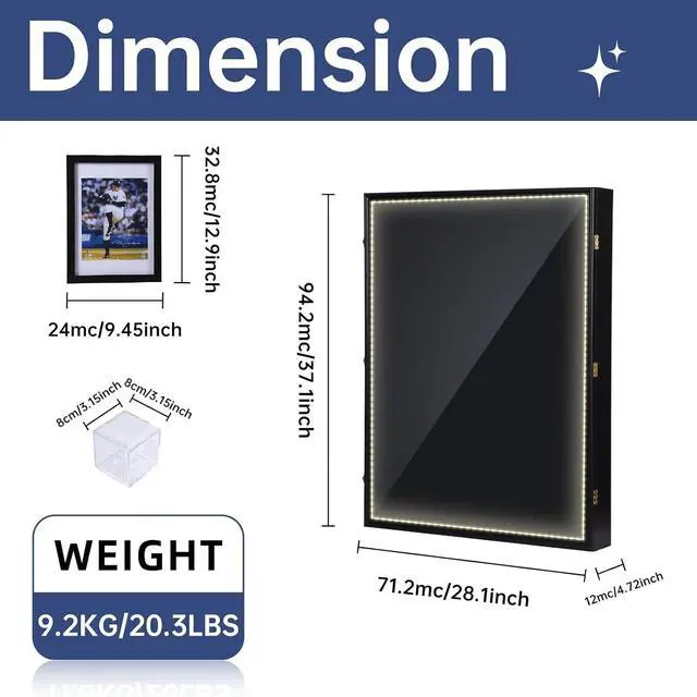 Alt view image 3 of 6 - XL Jersey Frame Display Case with Light, Hockey Jacket Football Jersey T Shirt Display, 28x37 inch Extra Large Deep Jersey Shadow Box, Baseball Case, UV Protection, Acrylic (LED Extra Large)