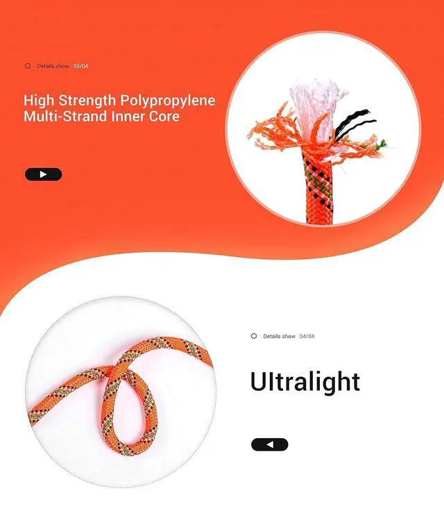 Alt view image 2 of 4 - Climbing Rope, Rescue Rope, Construction Rope, Rock Climbing Rope, Static 10mm 32ft/64ft/96ft/160ft/230ft/500ft/985ft/1000ft with Carry Bag (Orange, 30M(96ft))