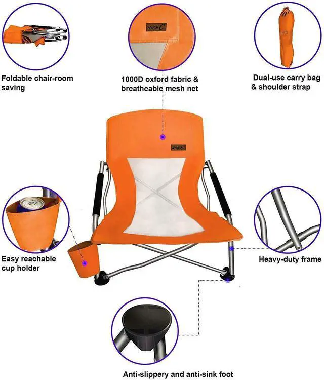 Alt view image 5 of 6 - Low Beach Camping Folding Chair, Compact Backpacking River Sand Chair,Sillas De Playa with Cup Holder, Carry Bag,Heavy Duty Outdoor,Camping, Beach, Travel, Picnic, Festival (1 Pack, Orange)
