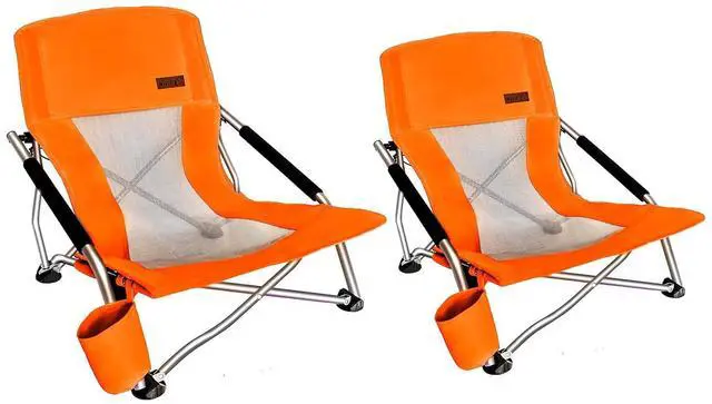 Main image of Low Beach Camping Folding Chair, Compact Backpacking River Sand Chair,Sillas De Playa, with Cup Holder, Carry Bag, Heavy Duty Outdoor, Camping, Beach, Travel, Picnic, Festival (2 Pack Orange)