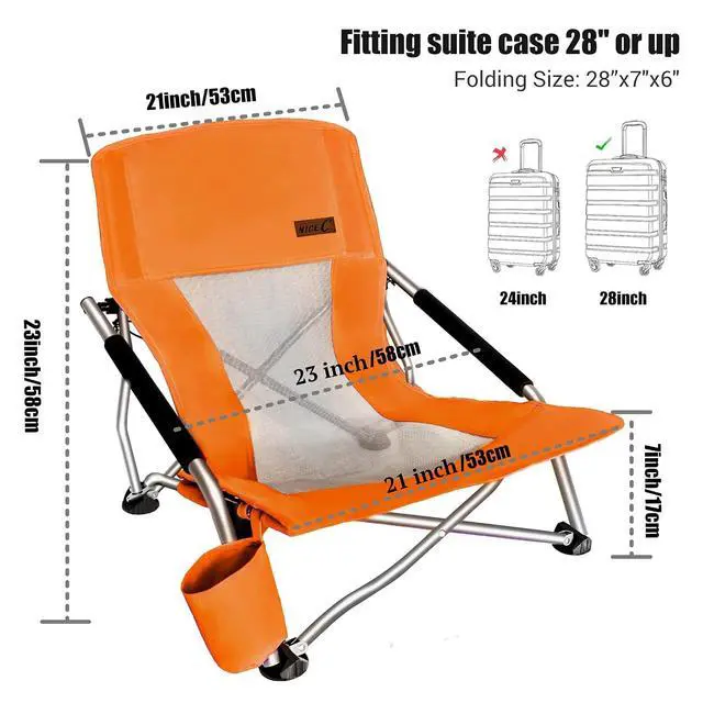 Alt view image 3 of 6 - Low Beach Camping Folding Chair, Compact Backpacking River Sand Chair,Sillas De Playa with Cup Holder, Carry Bag,Heavy Duty Outdoor,Camping, Beach, Travel, Picnic, Festival (1 Pack, Orange)