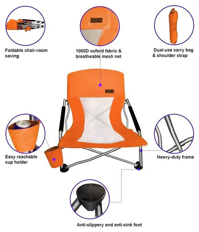 Alt view image 4 of 6 - Low Beach Camping Folding Chair, Compact Backpacking River Sand Chair,Sillas De Playa, with Cup Holder, Carry Bag, Heavy Duty Outdoor, Camping, Beach, Travel, Picnic, Festival (2 Pack Orange)