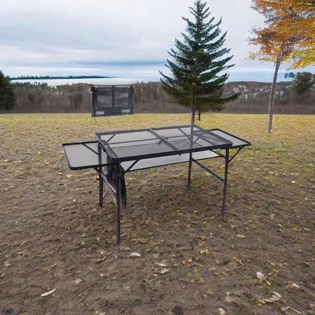 Alt view image 2 of 7 - Folding Grill Table, Camping Tailgate Metal Table, 2 Tier Mesh Grill Station, with Metal Folding Adjustable Height&Width, Mesh Net, Carry Handle, for Outdoor