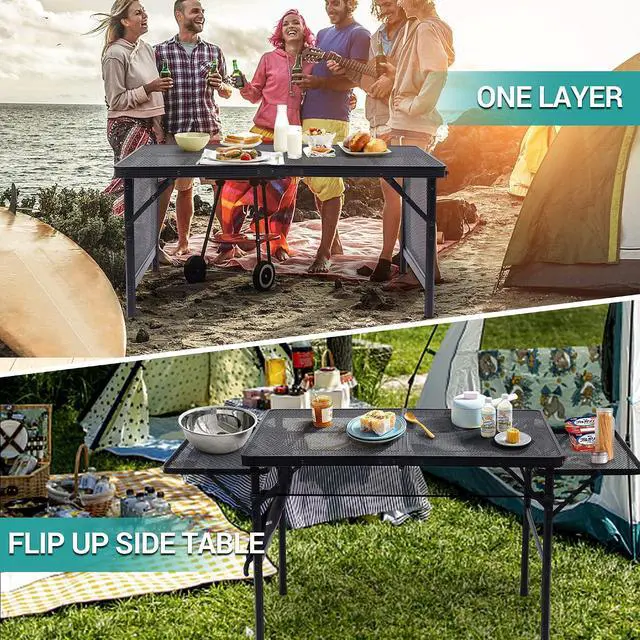 Alt view image 4 of 7 - Folding Grill Table, Camping Tailgate Metal Table, 2 Tier Mesh Grill Station, with Metal Folding Adjustable Height&Width, Mesh Net, Carry Handle, for Outdoor