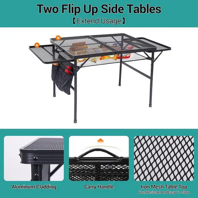 Alt view image 5 of 7 - Folding Grill Table, Camping Tailgate Metal Table, 2 Tier Mesh Grill Station, with Metal Folding Adjustable Height&Width, Mesh Net, Carry Handle, for Outdoor