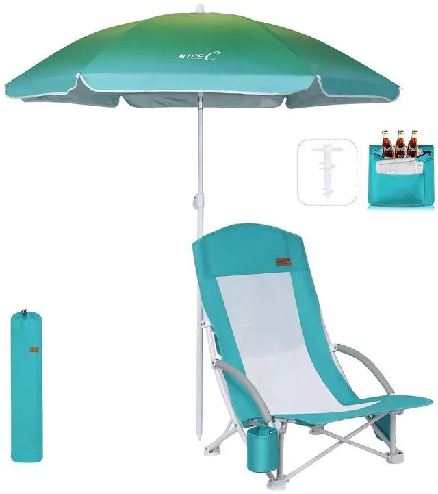 Main image of Beach Chair, Sand Chair, Lake Chairs for Adults with Umbrella and Cooler, Low Beach Chairs High Back, Cup Holder, Carry Bag, Heavy Duty Compact Outdoor, Camping (One Blue)