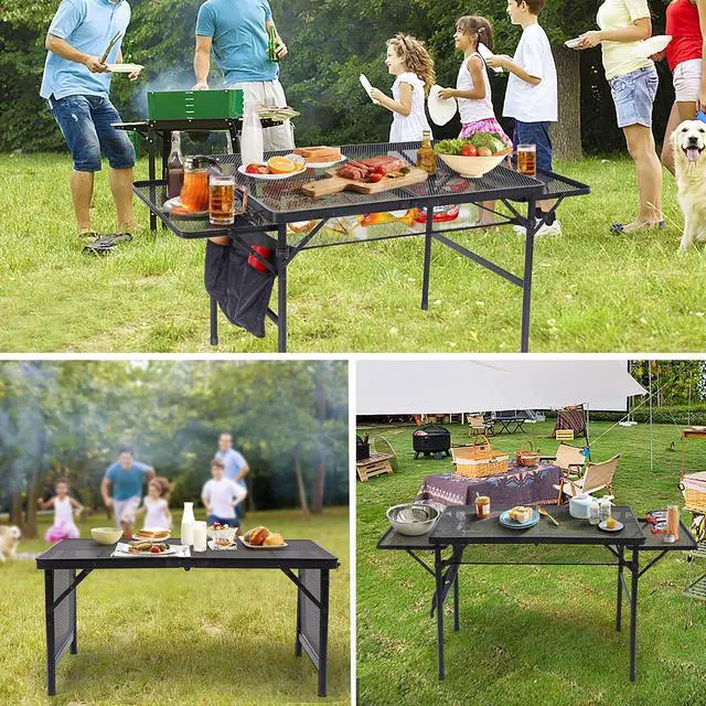 Alt view image 6 of 7 - Folding Grill Table, Camping Tailgate Metal Table, 2 Tier Mesh Grill Station, with Metal Folding Adjustable Height&Width, Mesh Net, Carry Handle, for Outdoor