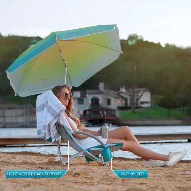 Alt view image 6 of 7 - Beach Chair, Sand Chair, Lake Chairs for Adults with Umbrella and Cooler, Low Beach Chairs High Back, Cup Holder, Carry Bag, Heavy Duty Compact Outdoor, Camping (One Blue)