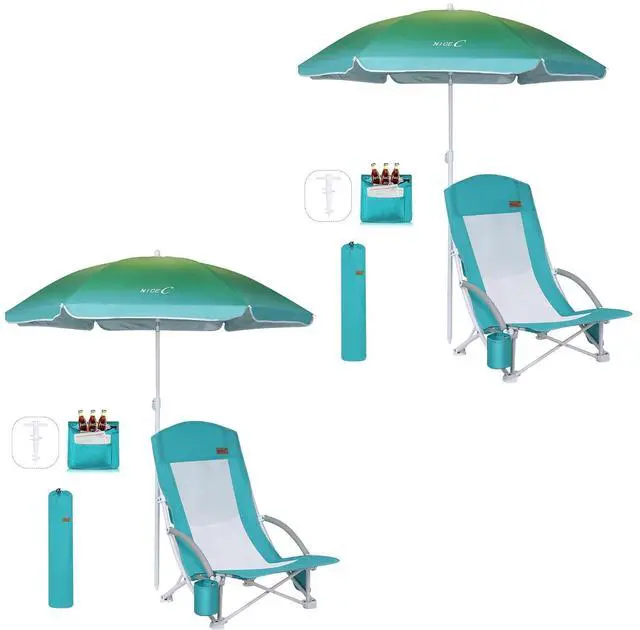 Main image of Beach Chair, Sand Lake River Chairs for Adults with Umbrella and Cooler, Low Beach Chairs High Back, Cup Holder, Carry Bag, Heavy Duty Compact Outdoor, Camping (Set of 2, Blue)