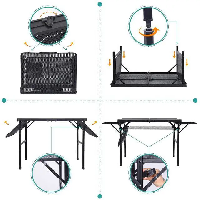 Alt view image 7 of 7 - Folding Grill Table, Camping Tailgate Metal Table, 2 Tier Mesh Grill Station, with Metal Folding Adjustable Height&Width, Mesh Net, Carry Handle, for Outdoor