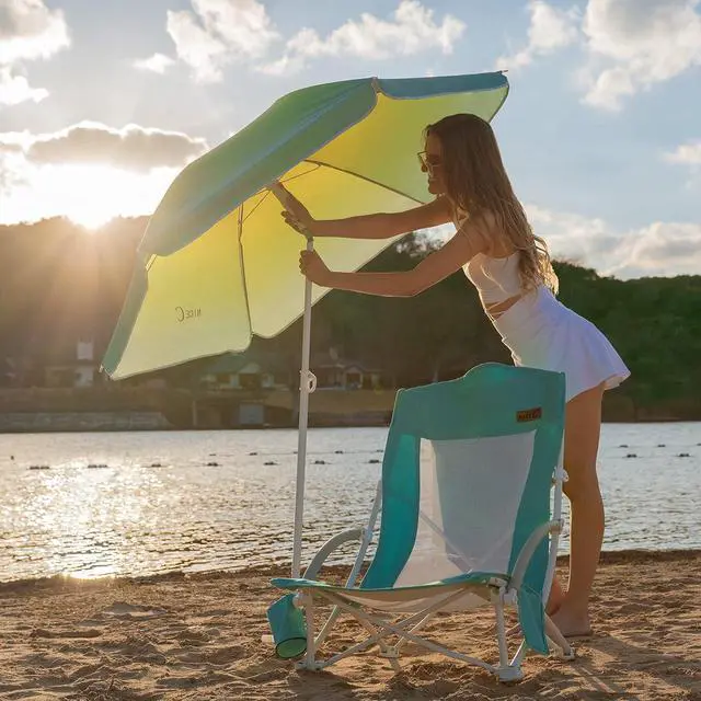 Alt view image 2 of 7 - Beach Chair, Sand Chair, Lake Chairs for Adults with Umbrella and Cooler, Low Beach Chairs High Back, Cup Holder, Carry Bag, Heavy Duty Compact Outdoor, Camping (One Blue)