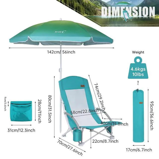 Alt view image 3 of 7 - Beach Chair, Sand Chair, Lake Chairs for Adults with Umbrella and Cooler, Low Beach Chairs High Back, Cup Holder, Carry Bag, Heavy Duty Compact Outdoor, Camping (One Blue)