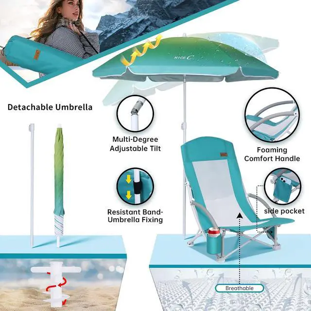 Alt view image 4 of 7 - Beach Chair, Sand Chair, Lake Chairs for Adults with Umbrella and Cooler, Low Beach Chairs High Back, Cup Holder, Carry Bag, Heavy Duty Compact Outdoor, Camping (One Blue)