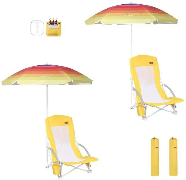 Main image of Beach Chair, Beach Chairs for Adults with Umbrella and Cooler, High Back, Cup Holder & Carry Bag & Heavy Duty Compact Outdoor, Camping (Set of Yellow)